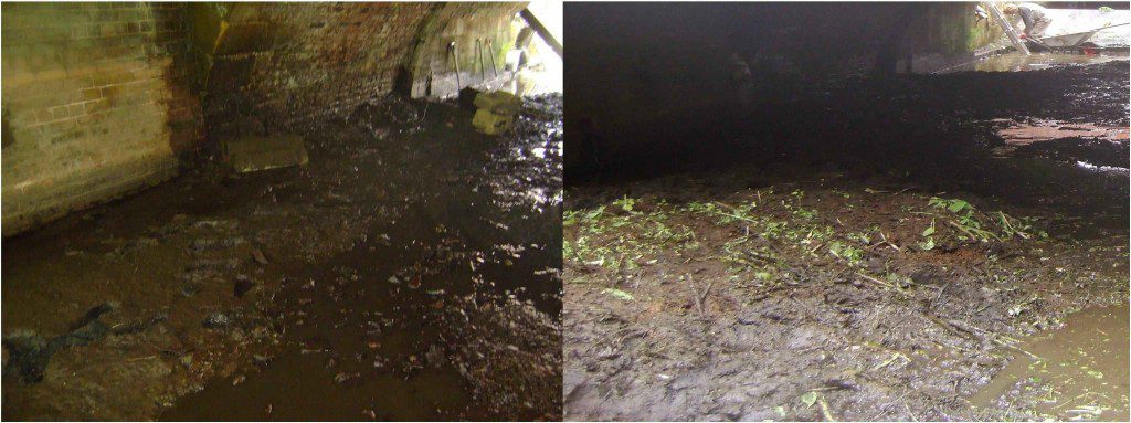 The culvert downstream of the wheel pit, before and after large rubble was removed.